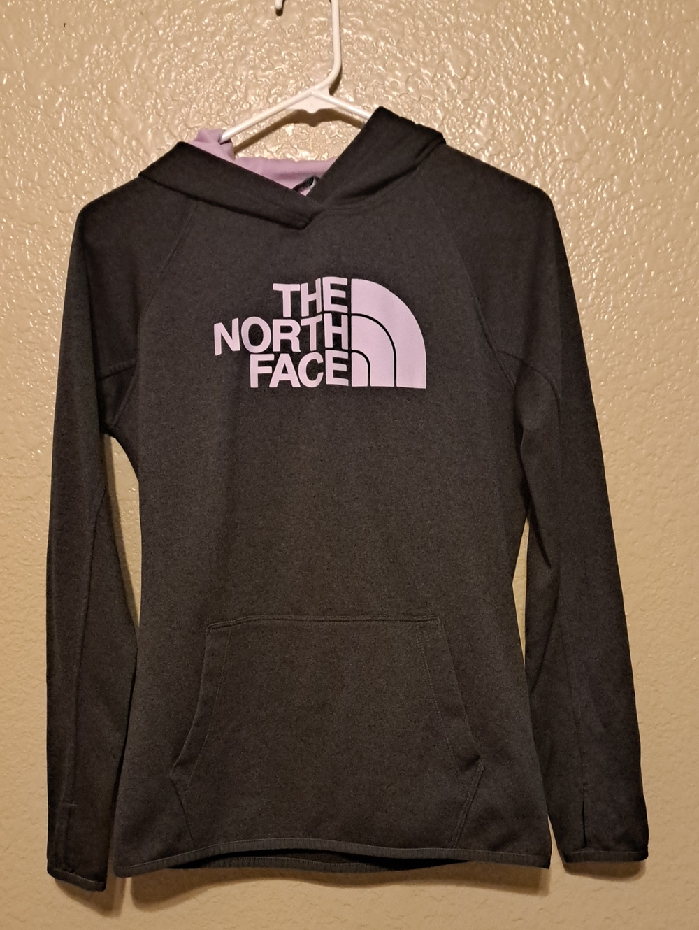 The North Face Women's Charcoal Pullover Hoodie with Light Purple Logo. Size S.